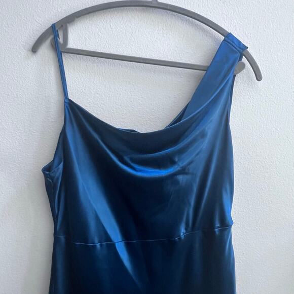 LUSH Women's Satin Midnight Blue Slip Midi Dress Side Slit Wedding Guest Size S - Picture 3 of 8
